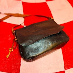 Fossil Genuine Leather Crossbody Messenger Bag Black Brown Purse | Key Charm